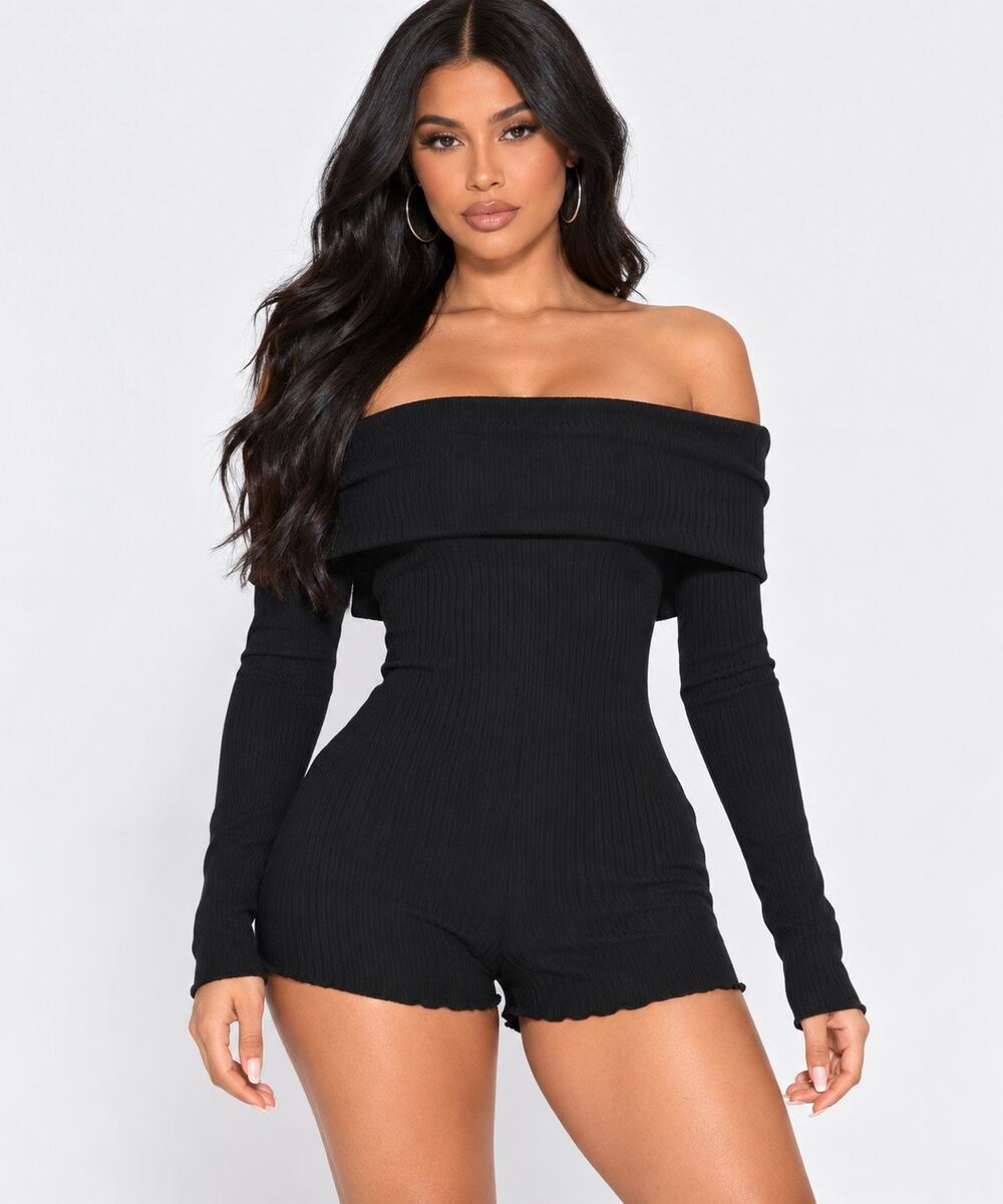Fashion Nova Nadia Smocked Romper Black Ribbed Off Shoulder Long Sleeve XL